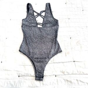 Bear Dance Silver Bodysuit with Geometric Cross-Back